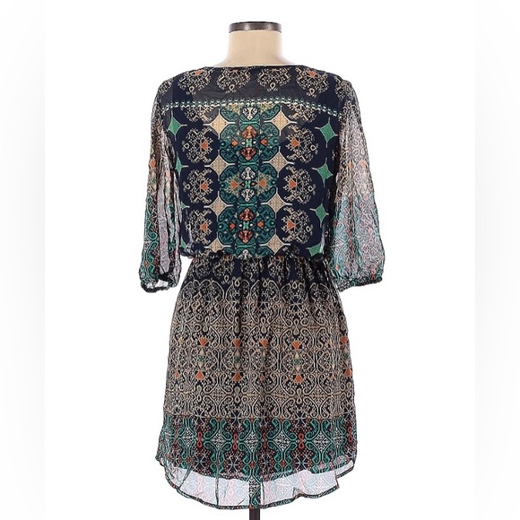 BeBop Casual Ruched Paisley A-line Scoop Neck Spring Summer Dress M - Picture 2 of 3